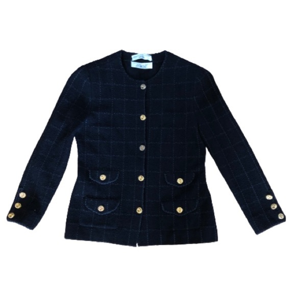 Vtg Military Academia Window Pane Textured Knit Black Gold Knit Blazer - Picture 16 of 16